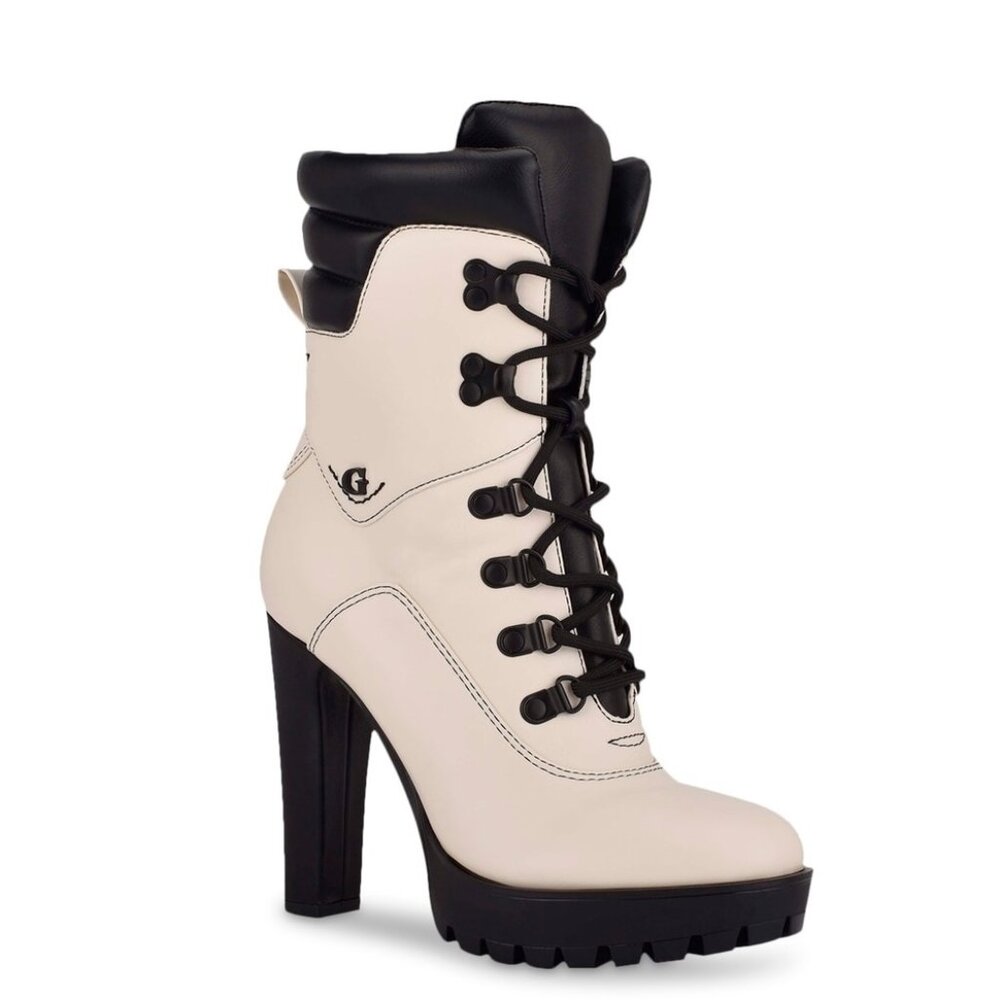 GUESS Women's Tessey High Heel Combat White & Black Booties